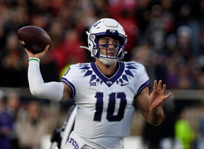 TCU's quarterback Josh Hoover (10) prepares to throw the ball against Texas Tech in a Big 12 football game, Thursday, Nov. 2, 2023, at Jones AT&T Stadium.